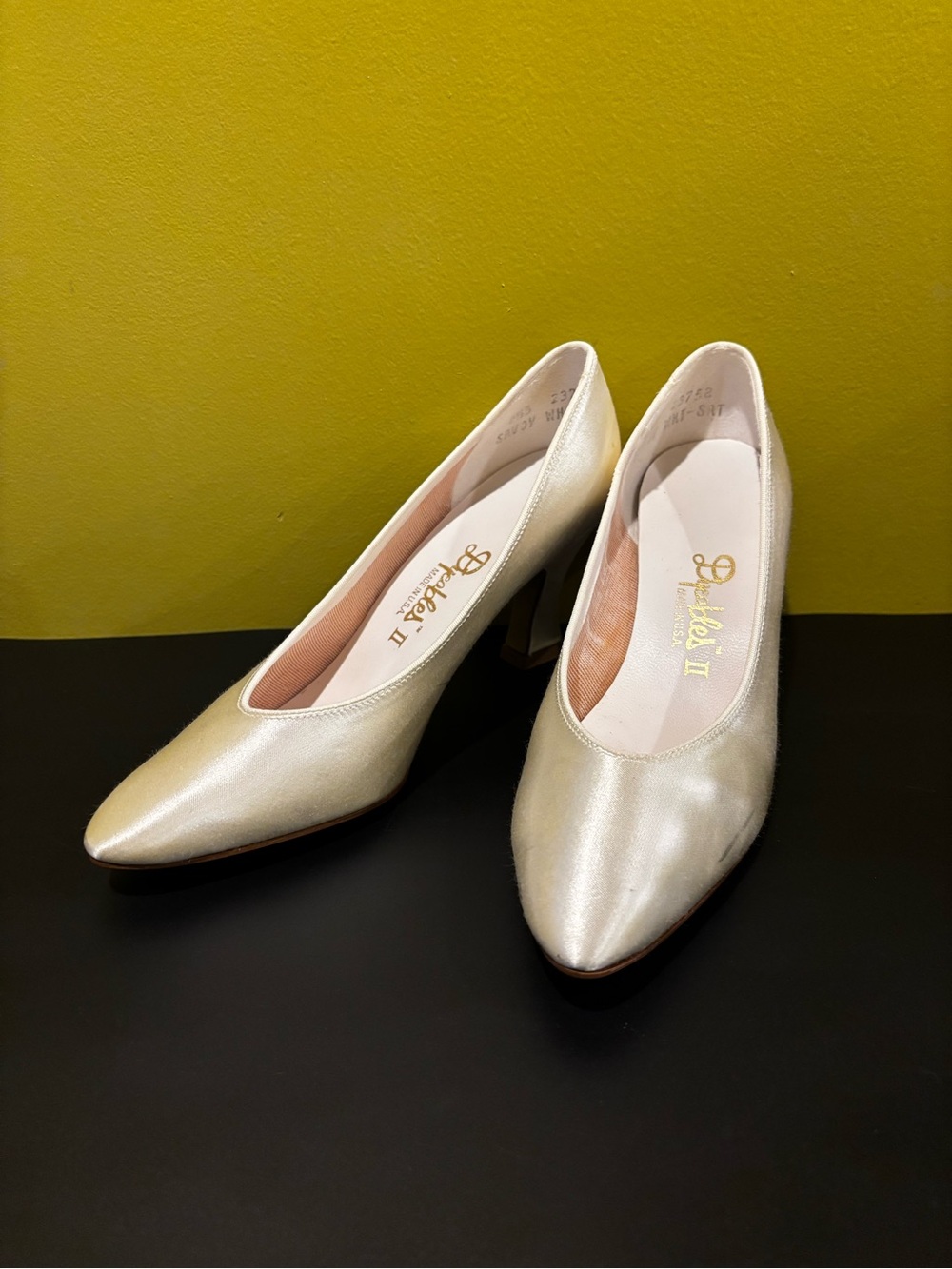 Cream satin Metallic Champagne Mid Heel Pumps